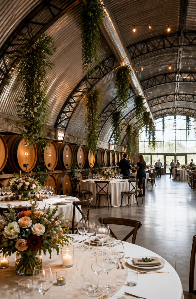 Interior view of Coopers Hall with wine barrels and greenery.
