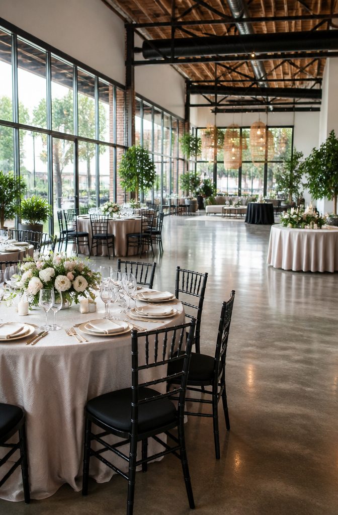 Interior of Easton Broad with floor-to-ceiling windows and set tables.