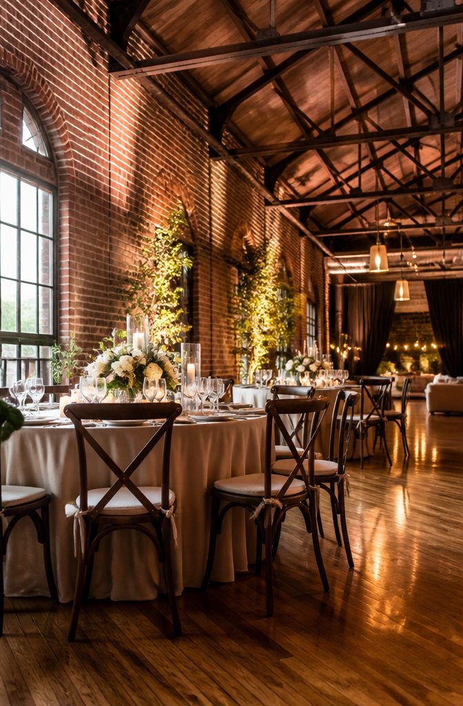 Interior of The Evergreen with vaulted ceilings and brick walls.