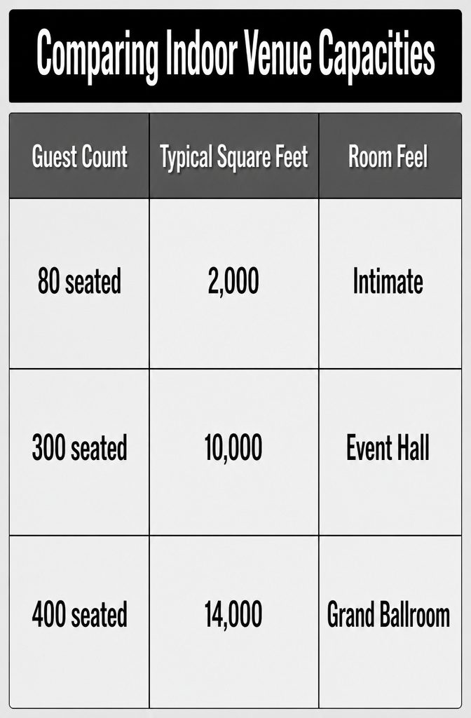 Chart comparing indoor venue capacities and room feel.