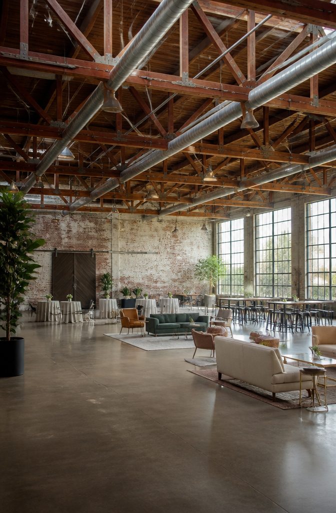 Interior of Leftbank Annex with beamed ceilings and concrete floors.