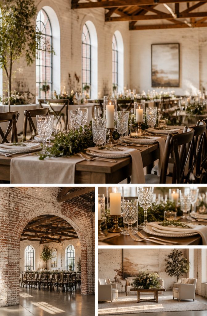Interior view of a historic venue with exposed brick and wood.