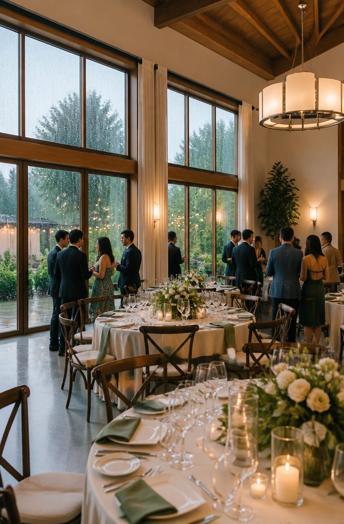 Indoor wedding scene with guests enjoying a celebration despite rain outside.