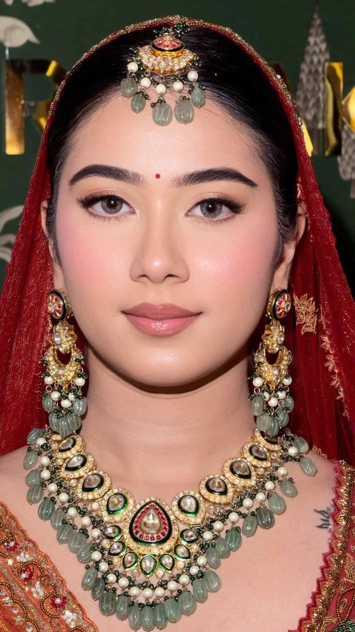 A bride with radiant dewy skin wearing traditional gold and emerald jewelry and a red veil.