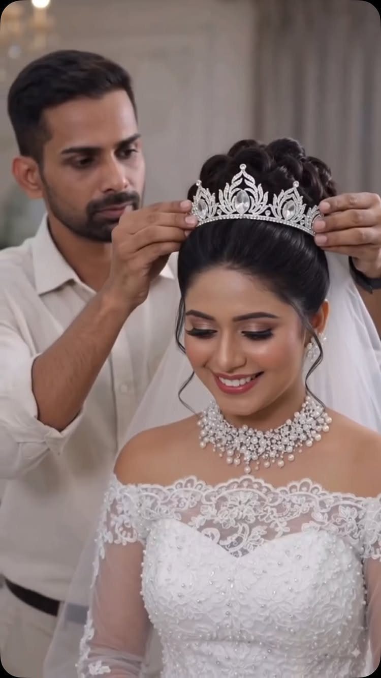 A smiling bride wearing a lace dress and tiara while a man adjusts her crown.