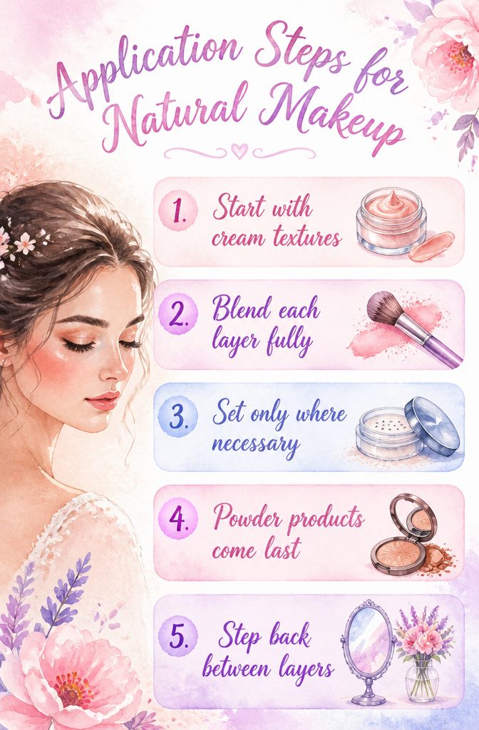 Steps for applying natural makeup for a bridal look.