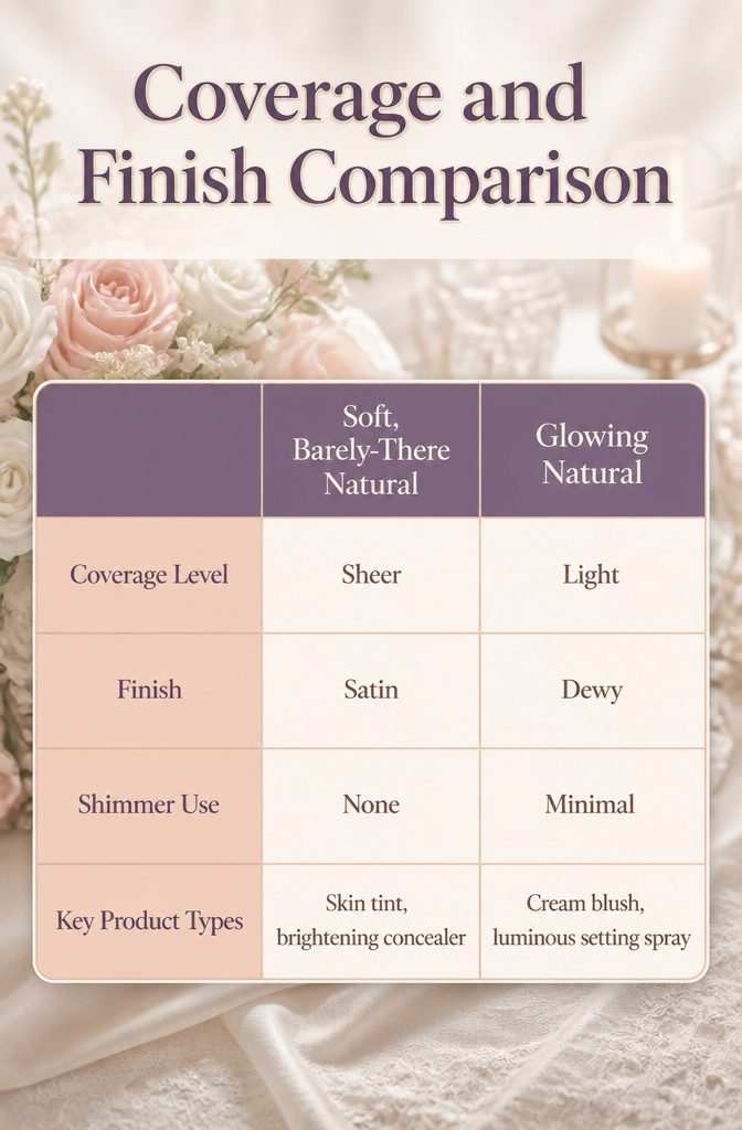 Coverage and finish comparison for various wedding makeup styles.