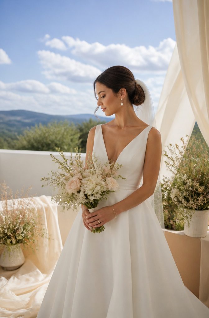 Bride with velvety matte skin and natural blush on a terrace.