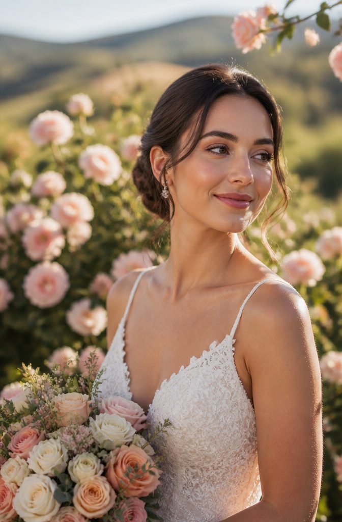 Bride with radiant skin and creamy peach blush in a rose garden.