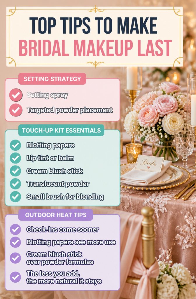 Tips for ensuring bridal makeup durability and touch-ups.