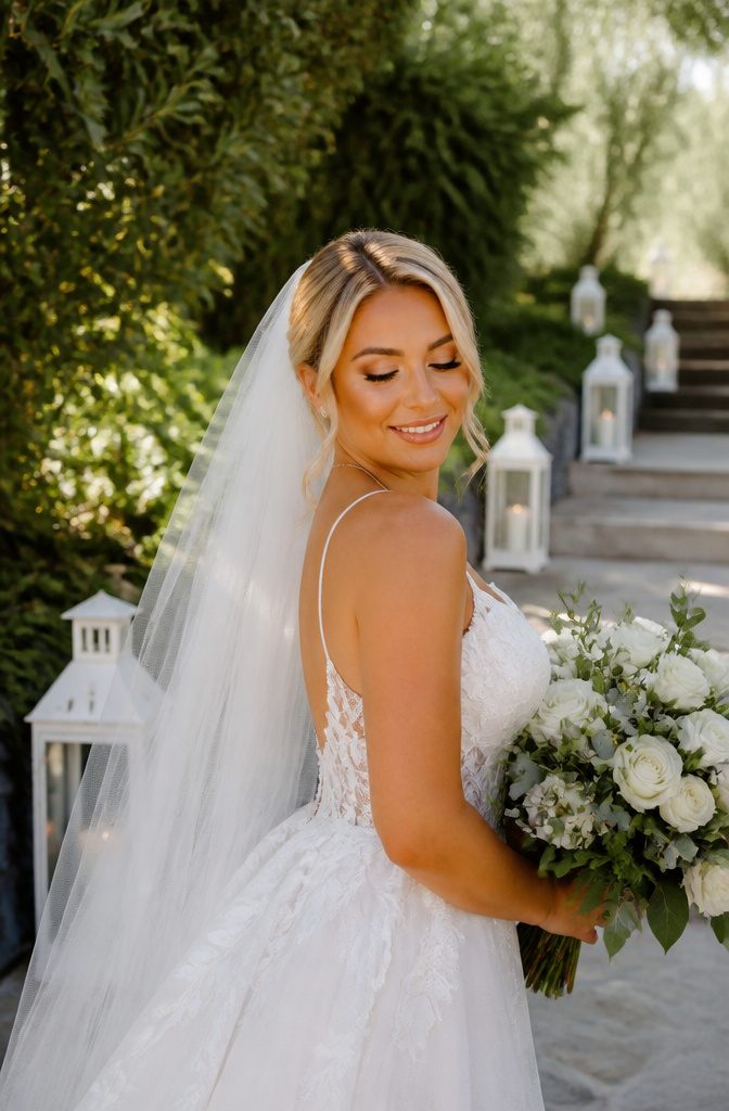 Bride with subtle contouring and flawless foundation outdoors.