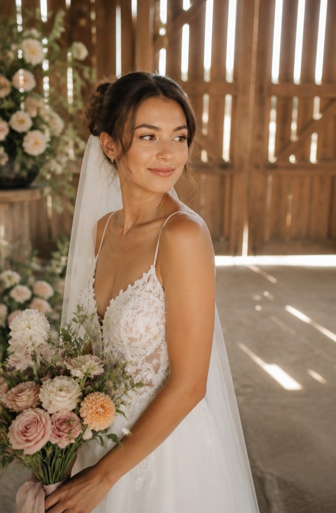 Bride in a barn wearing sheer skin tint and understated concealer.