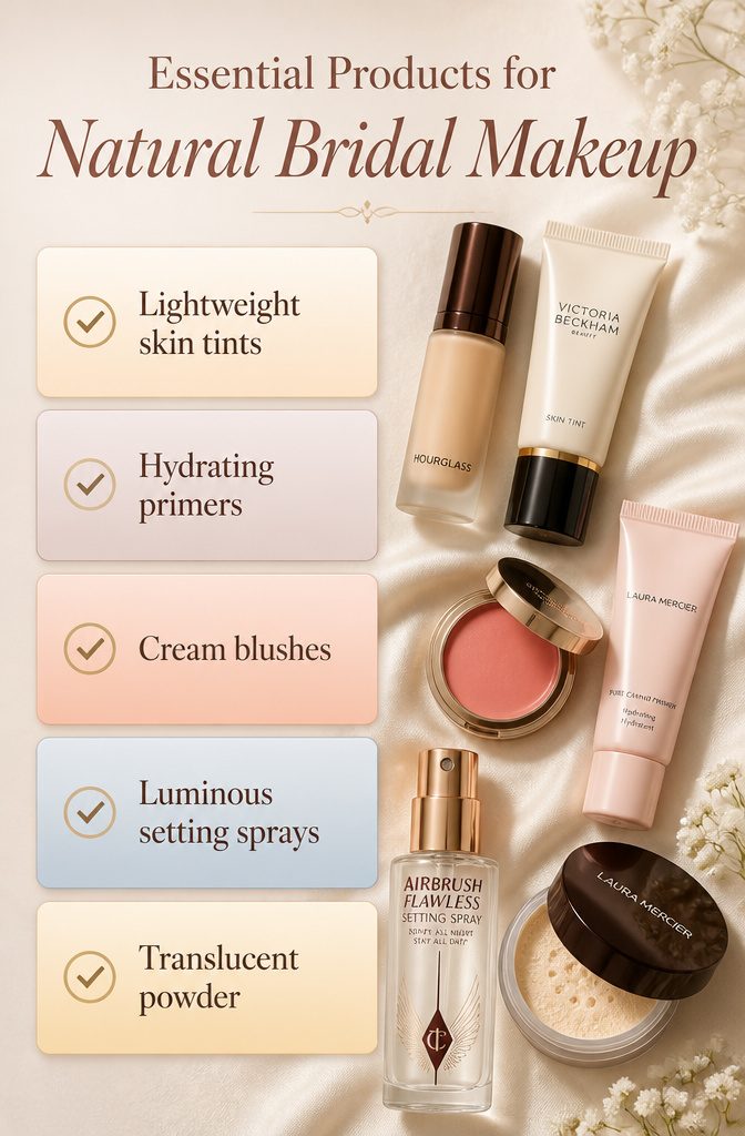 Lightweight skin tints and cream formulas for natural bridal makeup.