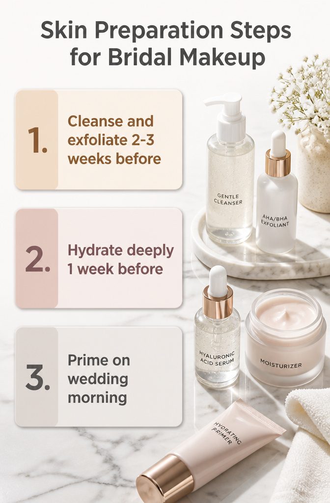 Steps for skin preparation before applying bridal makeup.