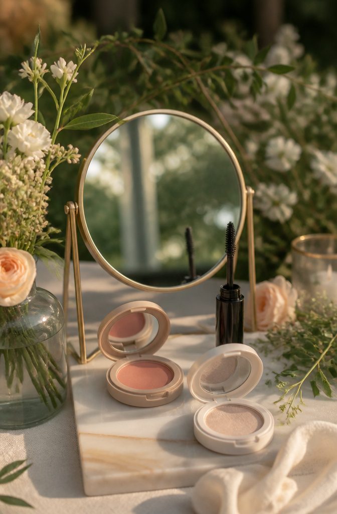 Bridal table with light peachy blush, highlighter, and mascara in nature.