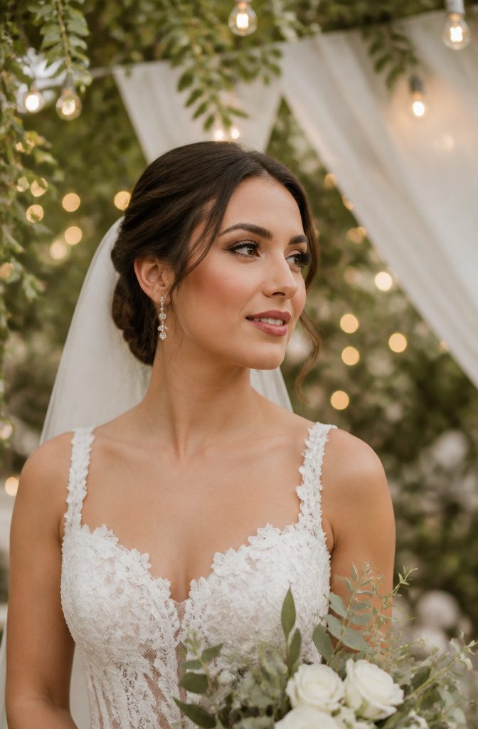 Bride with soft glam makeup featuring neutral eyes and pink blush.
