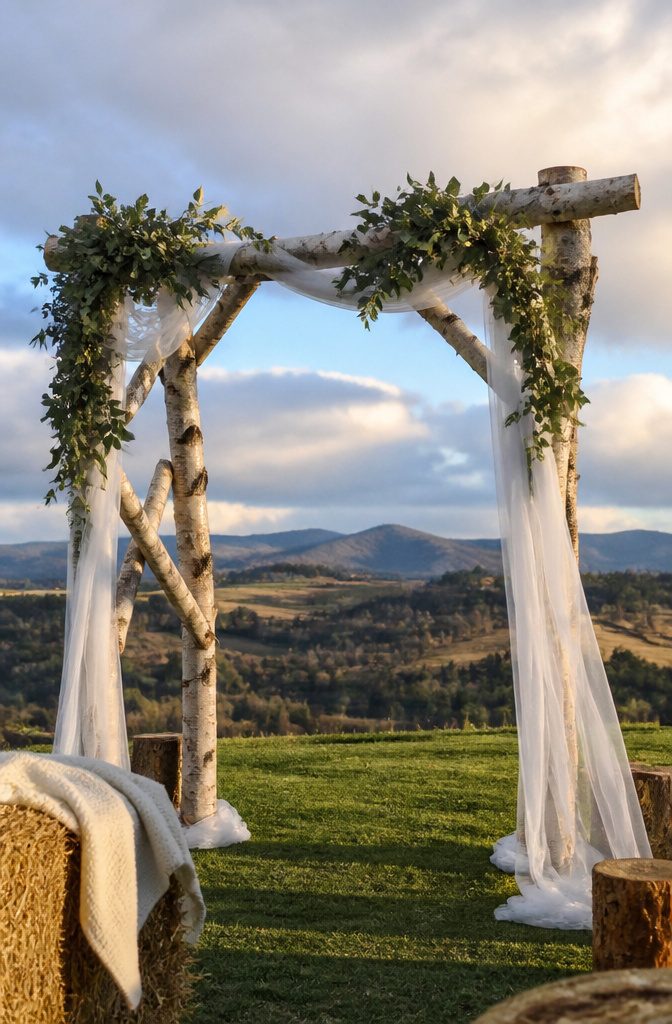 8 Wedding Outside Decorations That Work in Real Weather 3 Wooden arch used as a backdrop for an outdoor wedding ceremony.