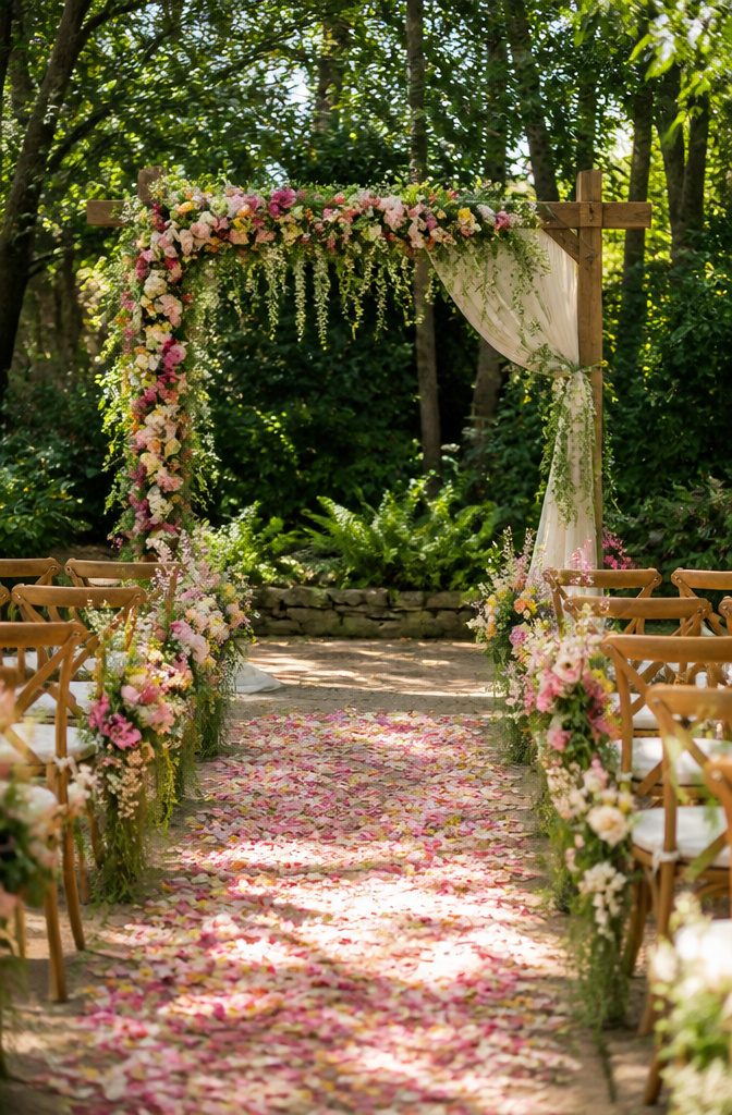 8 Wedding Outside Decorations That Work in Real Weather 2 Floral arch decorated with colorful flowers for an outdoor wedding.