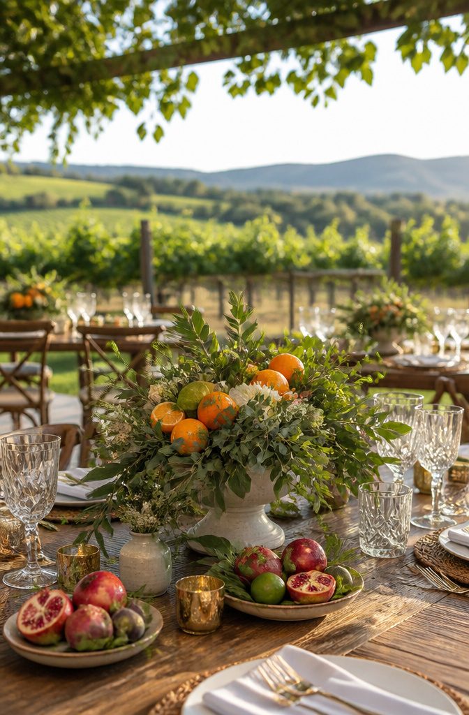 8 Wedding Outside Decorations That Work in Real Weather 9 Centerpieces featuring citrus fruits and eucalyptus leaves.