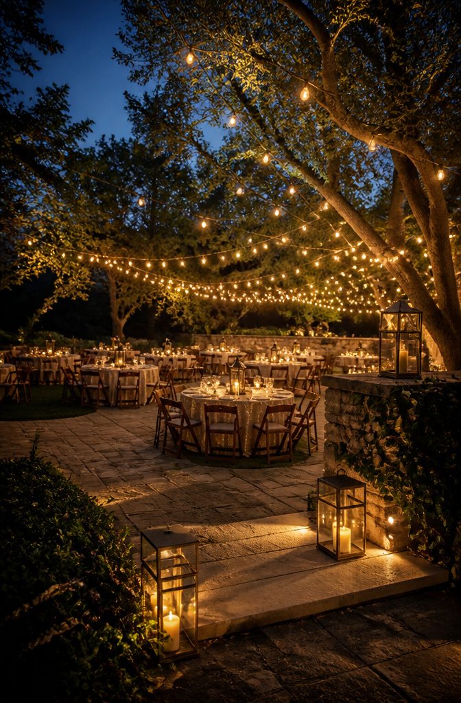 8 Wedding Outside Decorations That Work in Real Weather 1 String and bistro lights illuminating an outdoor wedding space.