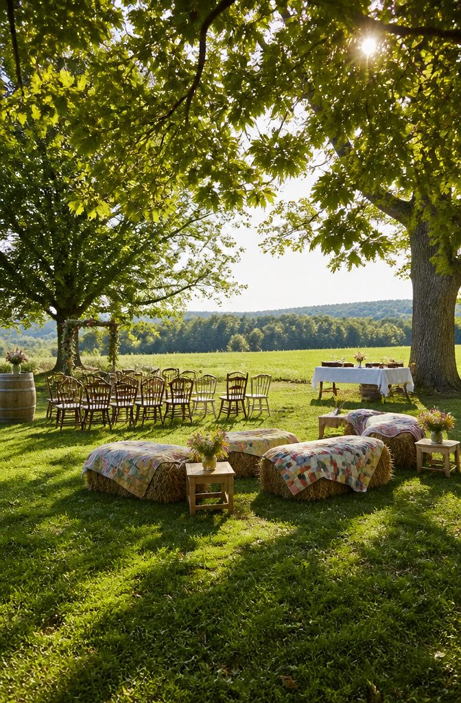 8 Wedding Outside Decorations That Work in Real Weather 4 Hay bales with quilts used for seating at an outdoor wedding.
