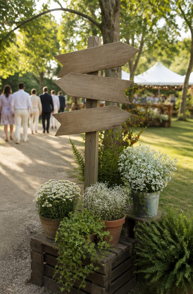 8 Wedding Outside Decorations That Work in Real Weather 5 Wooden directional sign with clear lettering at a wedding venue.