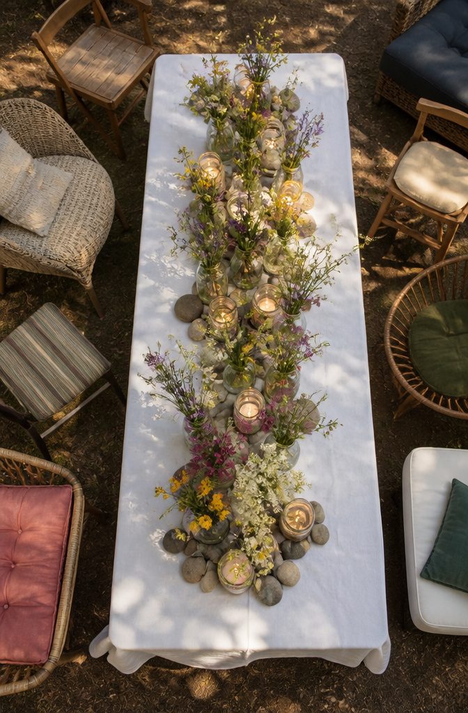 8 Wedding Outside Decorations That Work in Real Weather 6 Mason jars with wildflowers used as table centerpieces.