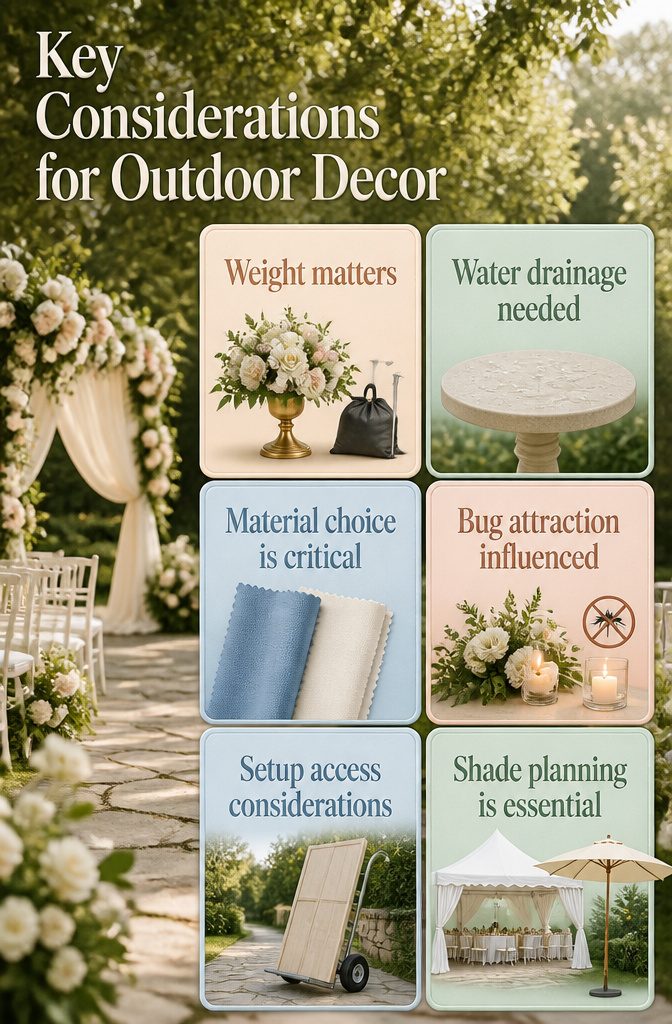 8 Wedding Outside Decorations That Work in Real Weather 10 Information graphic on outdoor wedding decor considerations.