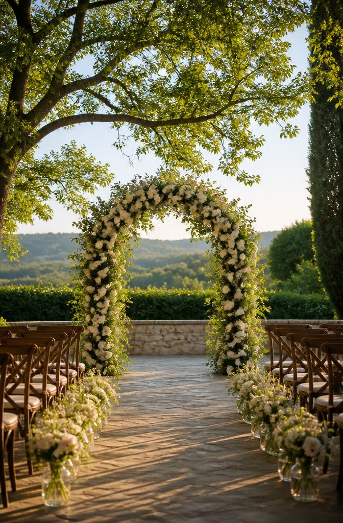 Floral arch behind an altar at a wedding ceremony.