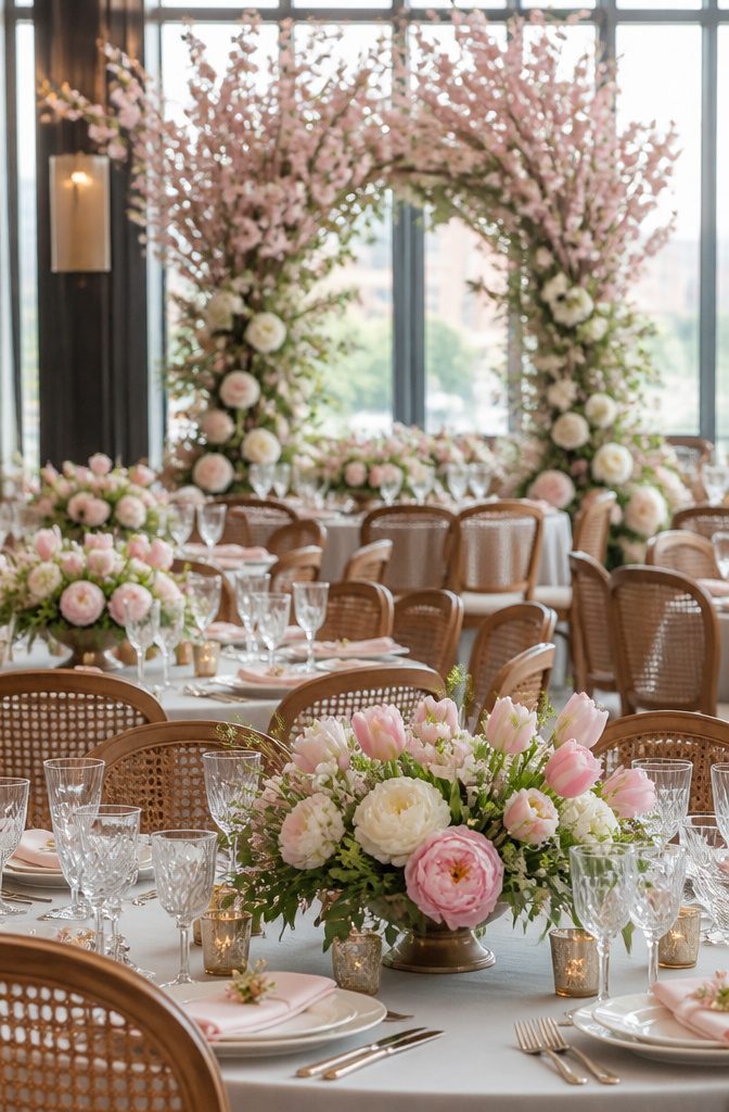 Dining table with low floral arrangements of tulips and peonies.