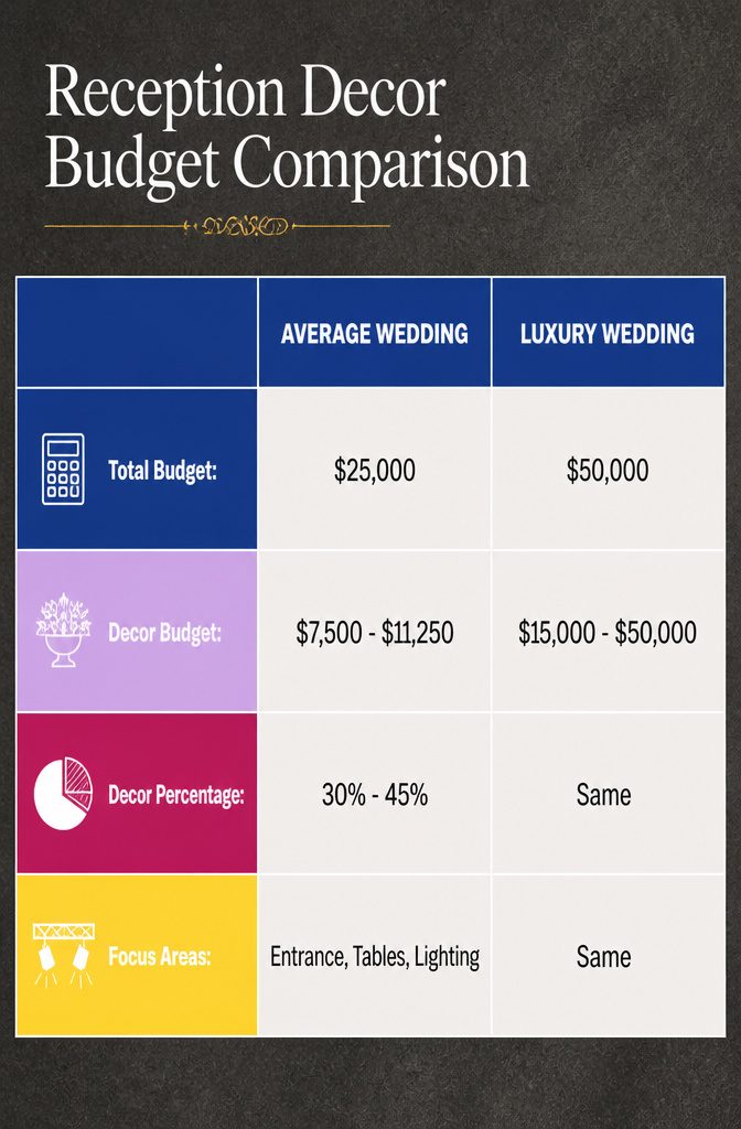 Chart comparing wedding reception decor budget.
