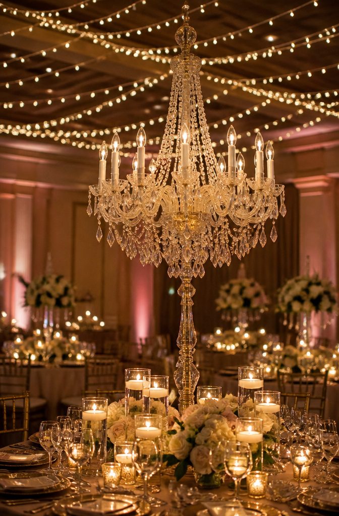 Ceiling decorated with string lights at a wedding reception.