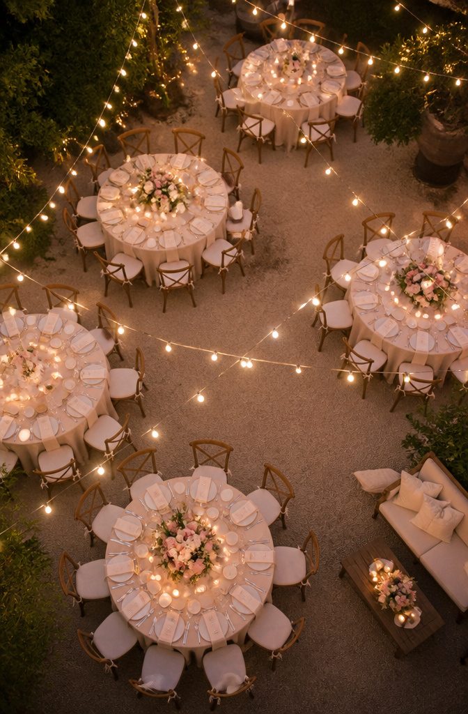 Elegant reception decor with centerpieces on dining tables.