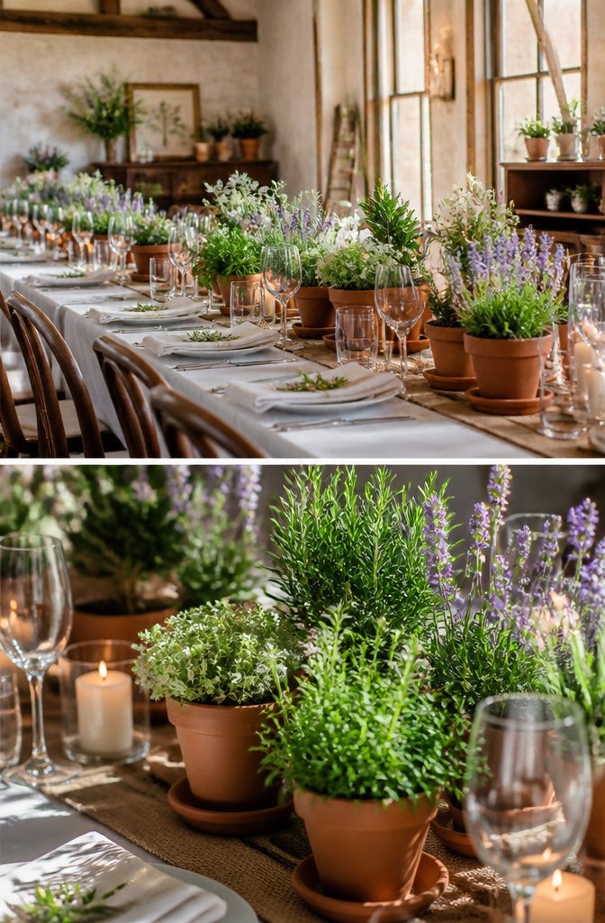 Potted plants used as centerpieces at a wedding.