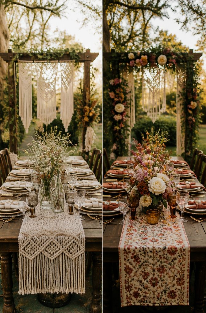 Rustic wedding decor with wooden accents and wildflowers.