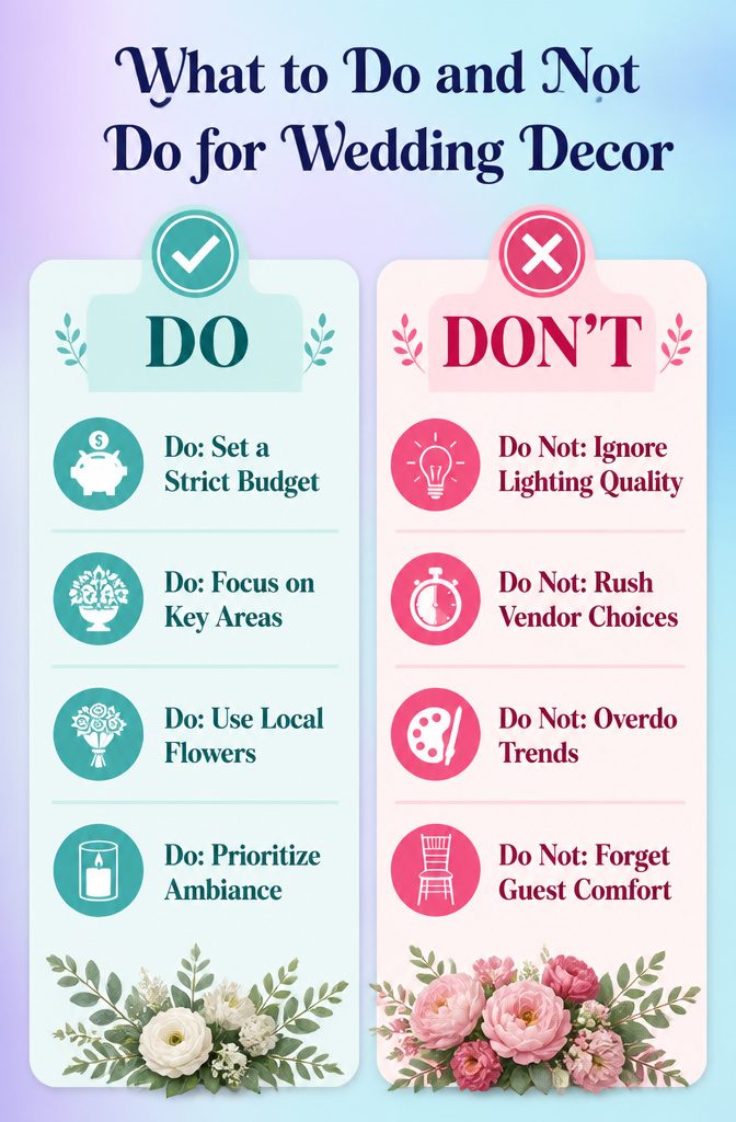 Visual summary of dos and don'ts for wedding decor.
