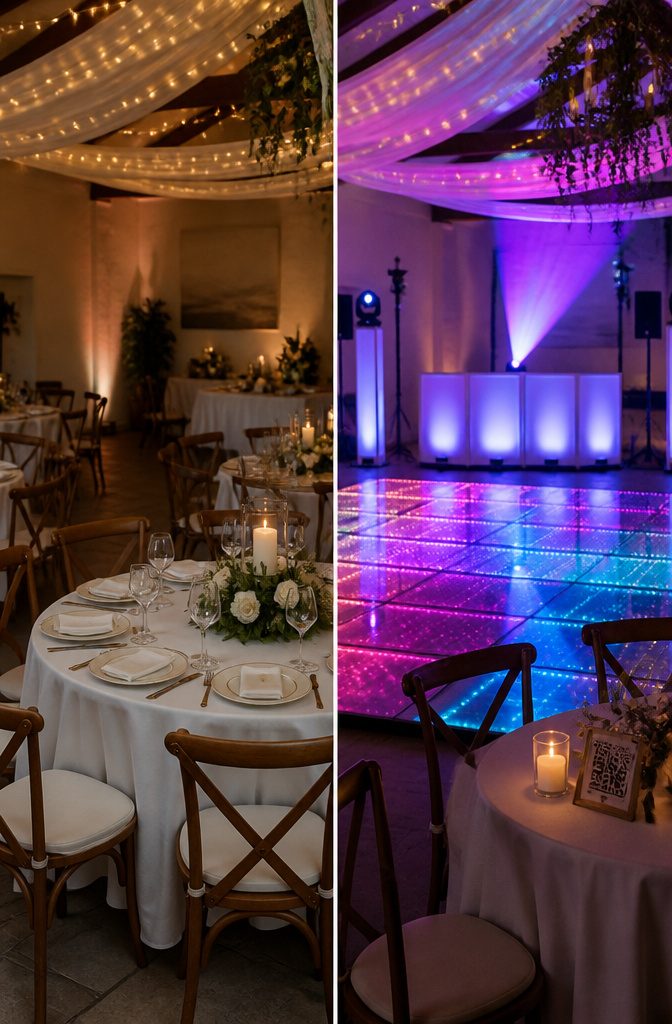 LED dance floor reacting to guest movement at a wedding.