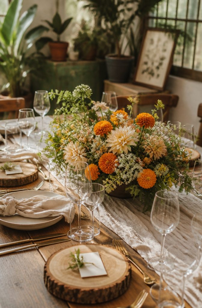 Low centerpiece featuring seasonal marigolds and greenery.