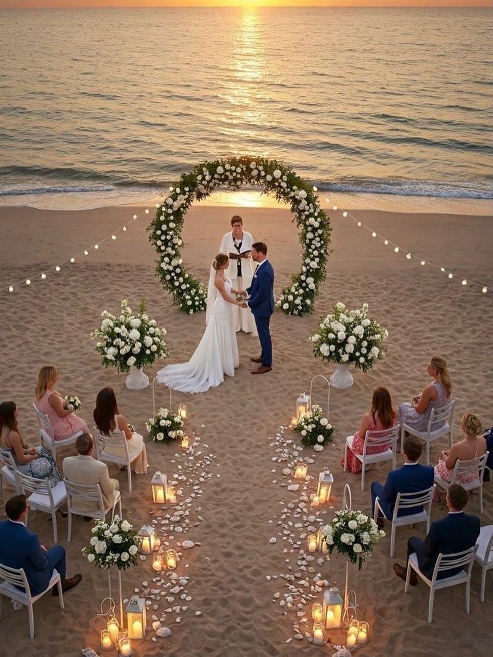 A wedding ceremony on a sandy beach with a floral arch and sunset over the ocean.
