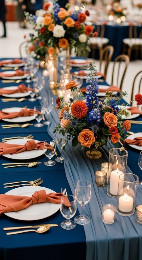 A long wedding table set with navy linens, orange flowers, and gold cutlery.