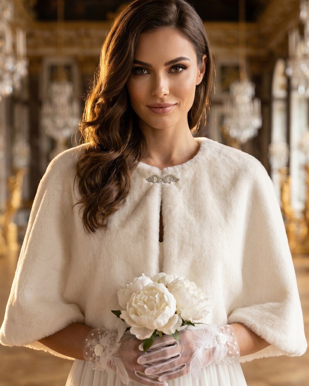 A woman in a white faux fur capelet holding white peonies in a grand ballroom.