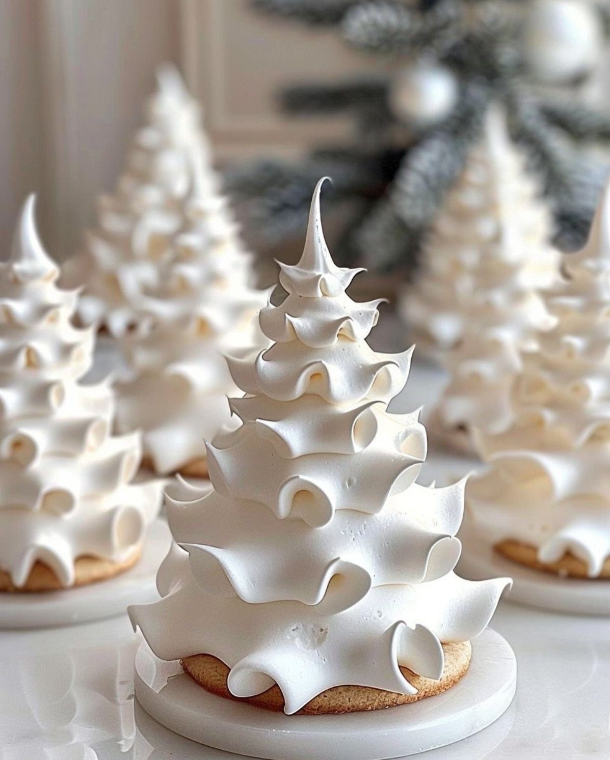 White frosted cookies shaped like Christmas trees arranged on a marble surface with a blurred background.