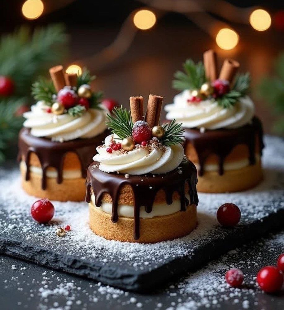 Three small chocolate-drizzled cakes decorated with cinnamon sticks and pine sprigs on slate.