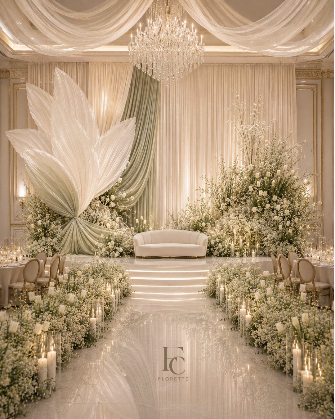 White draped fabrics and floral arrangements decorate a wedding ceremony aisle with candles.