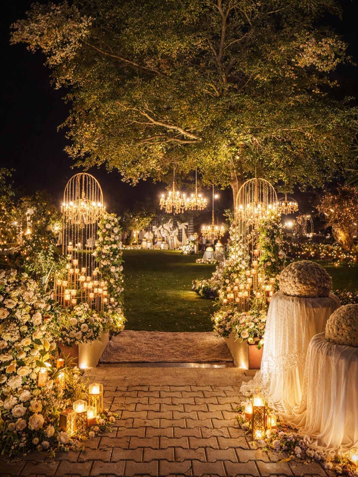 A romantic outdoor wedding aisle decorated with glowing chandeliers, white flowers, and warm candlelight at night.