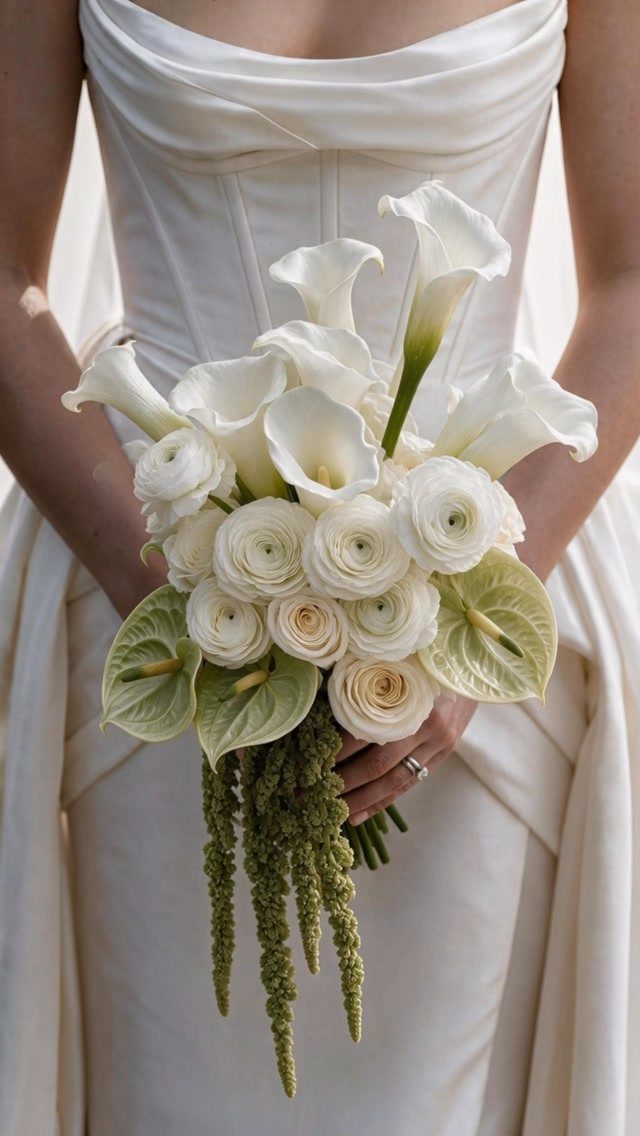 A bride holding a lush bouquet of white calla lilies and ranunculus with green accents.