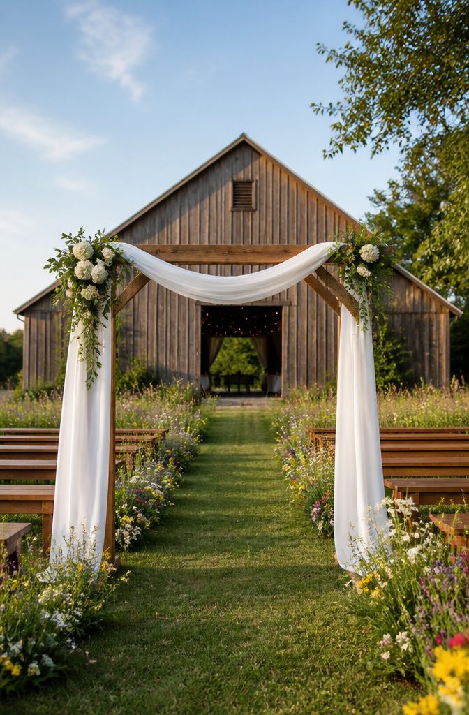 Spacious grounds at Pecan Springs Ranch set for a wedding.