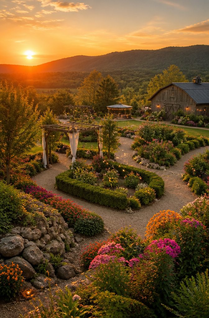 Lush gardens at Bella Luna Farms set for an outdoor wedding.