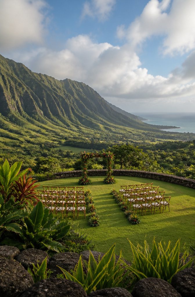 Ceremony site at Kualoa Ranch with mountain backdrop.