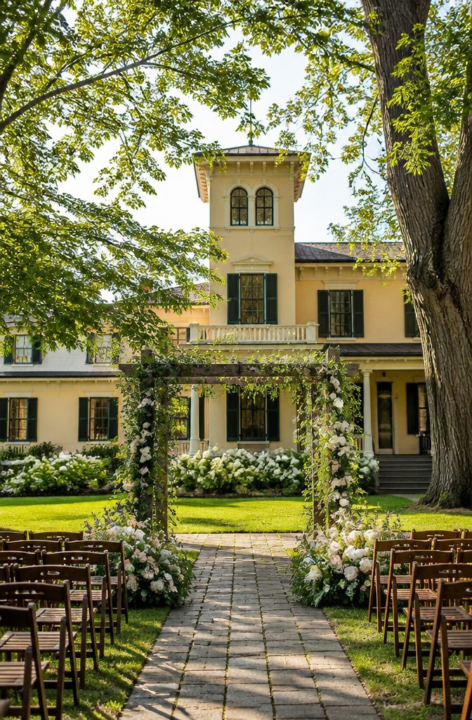 Historic building and gardens at Blue Hill Farm in New York.
